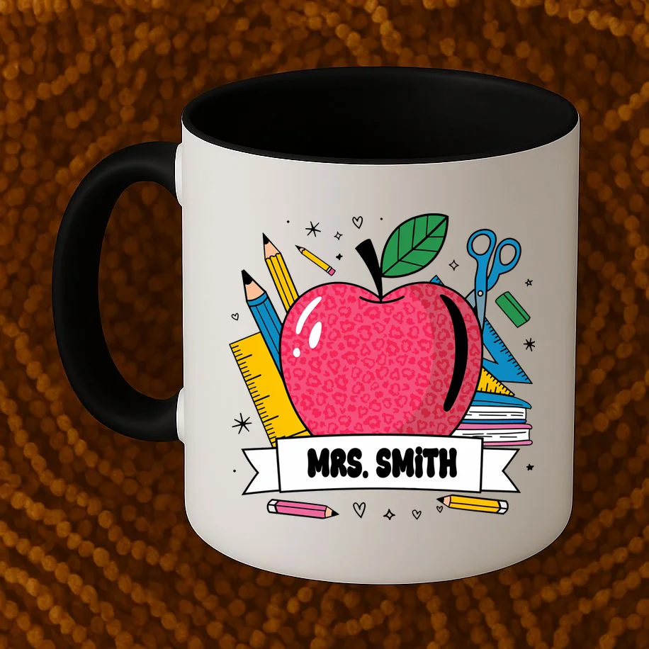 MRS. Your Name Custom Personalized School Teacher Apple Pencil Ruler Coffee Mug - Front 1