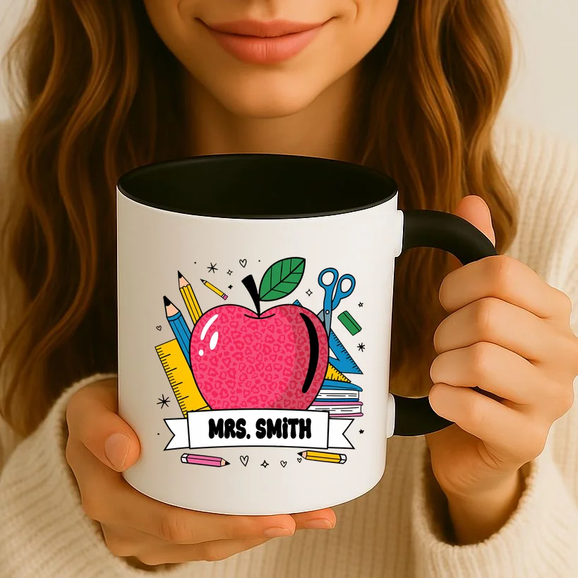 MRS. Your Name Custom Personalized School Teacher Apple Pencil Ruler Coffee Mug - Front 2