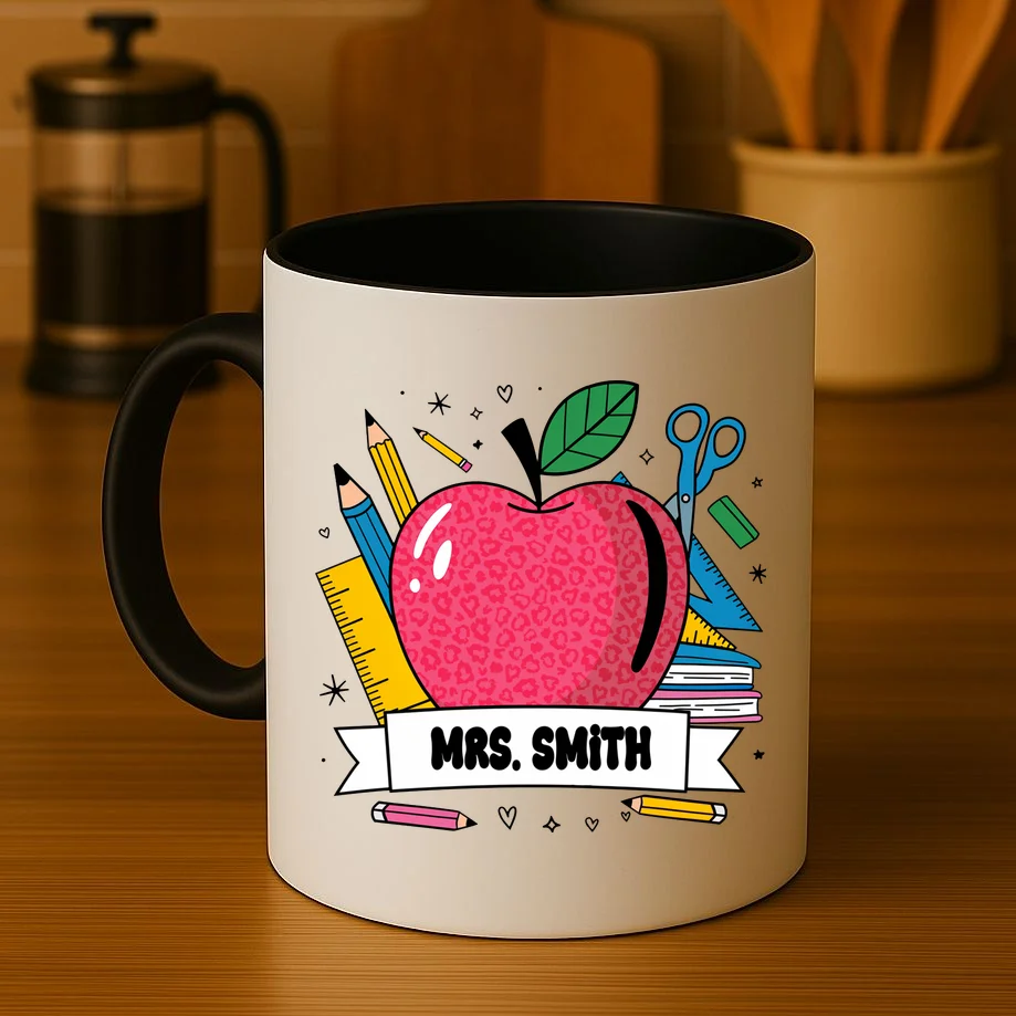 MRS. Your Name Custom Personalized School Teacher Apple Pencil Ruler Coffee Mug - Front 3