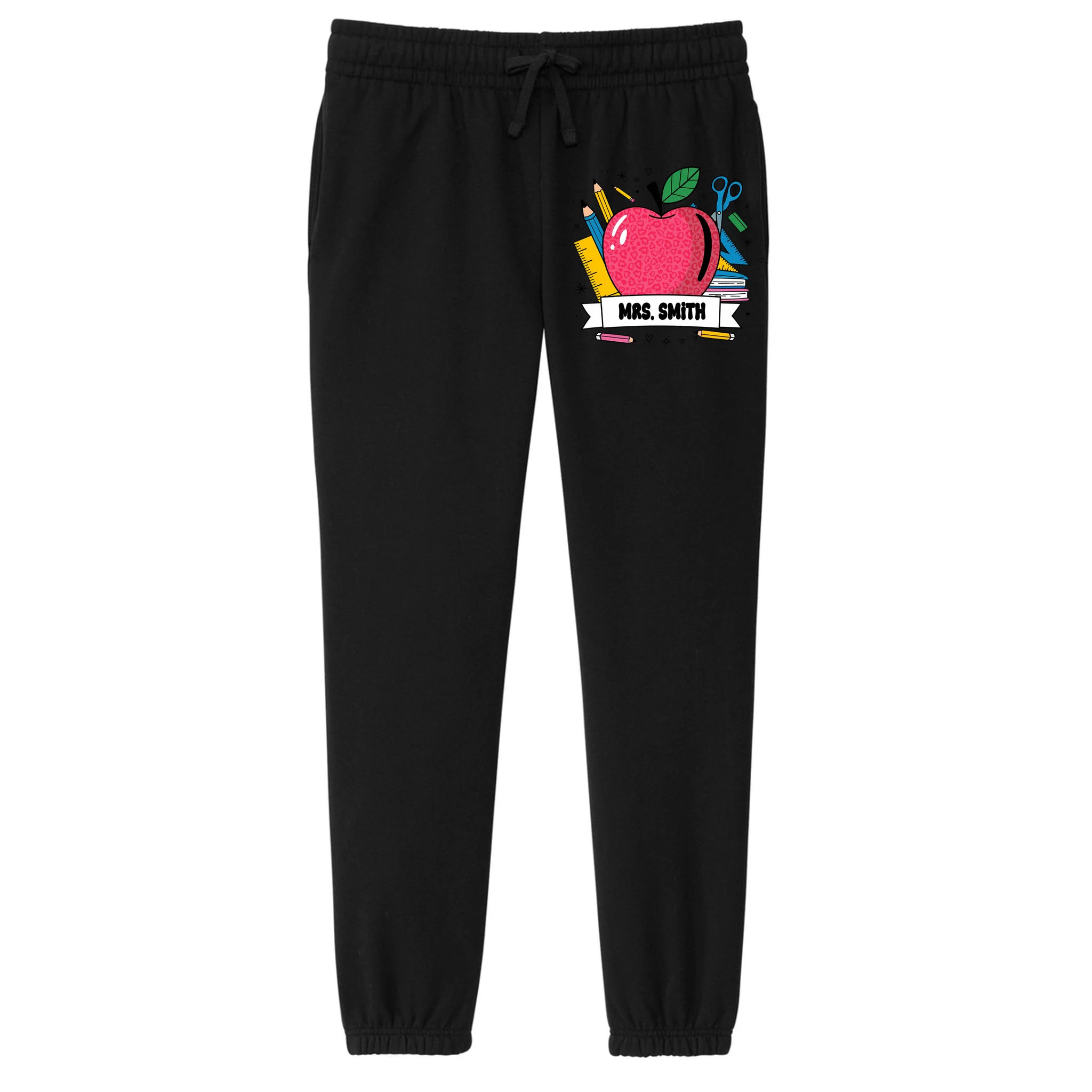 MRS. Your Name Custom Personalized School Teacher Apple Pencil Ruler Women's Fleece Sweatpants - Front