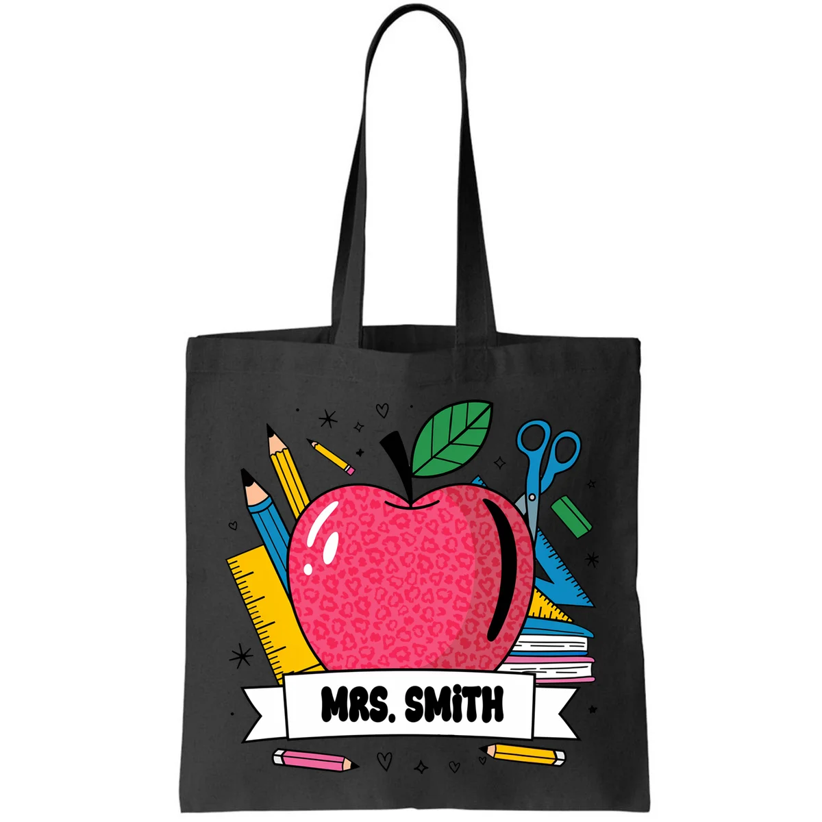 MRS. Your Name Custom Personalized School Teacher Apple Pencil Ruler Tote Bag - Front