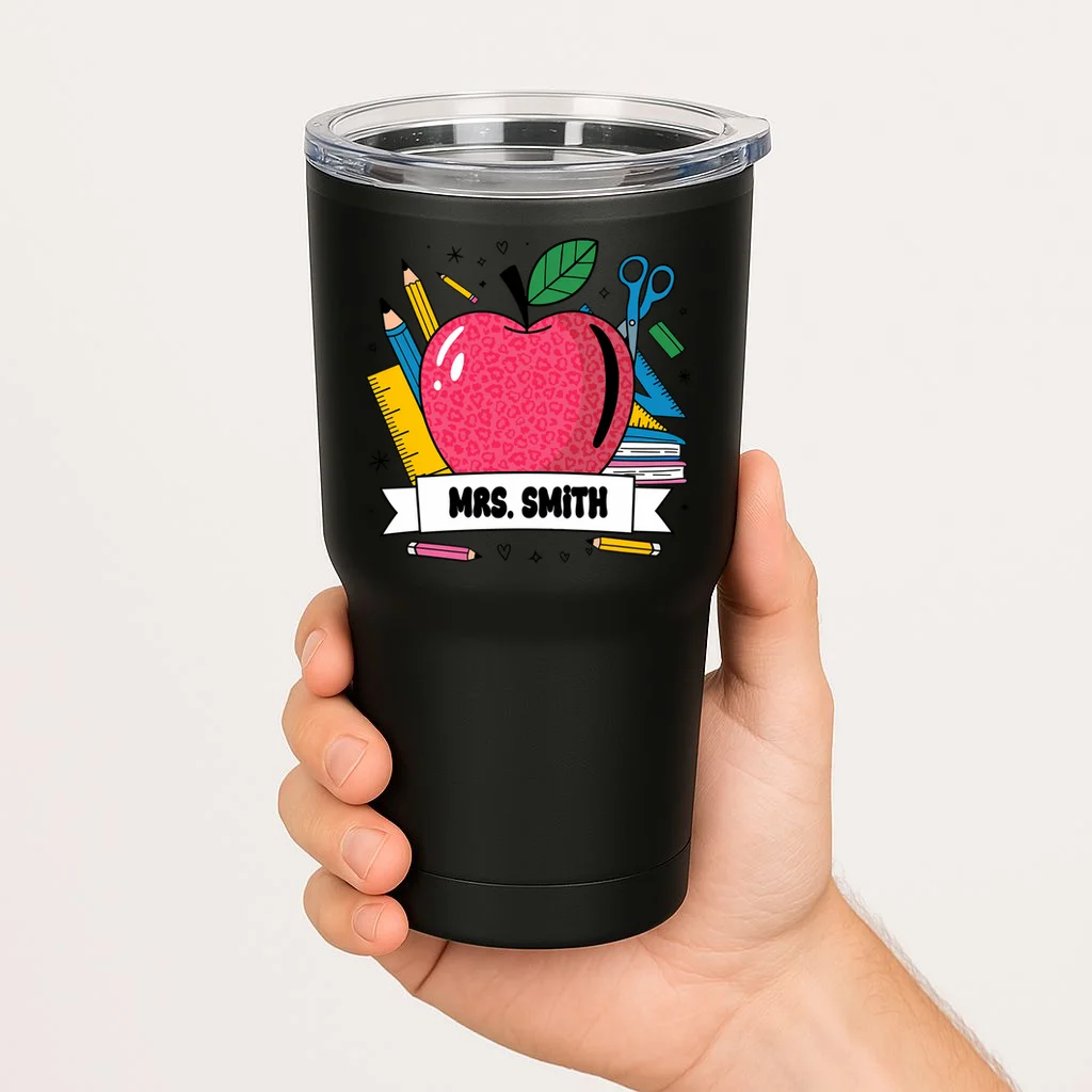 MRS. Your Name Custom Personalized School Teacher Apple Pencil Ruler 20oz Tumbler - Front 1