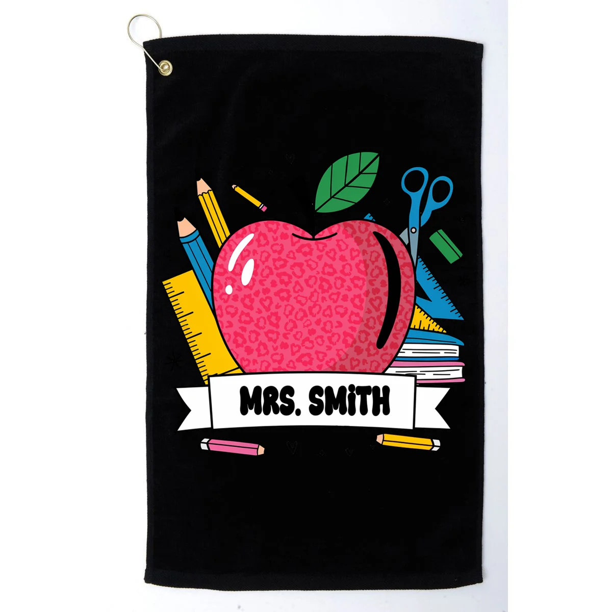 MRS. Your Name Custom Personalized School Teacher Apple Pencil Ruler Golf Towel - Front