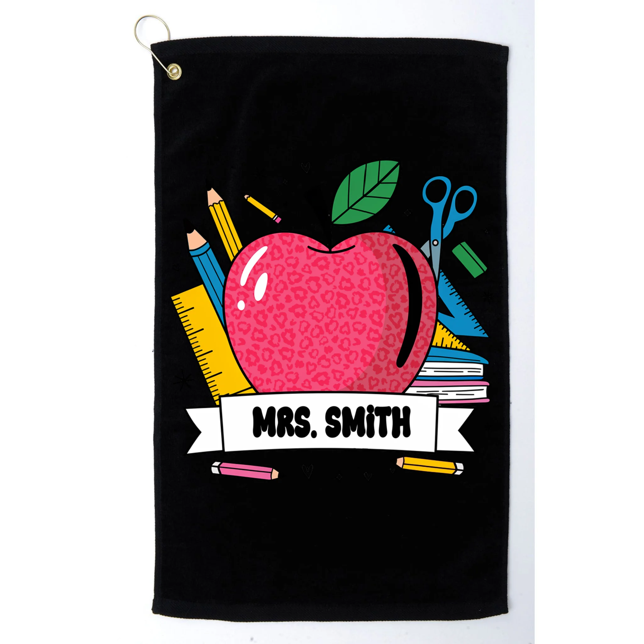 MRS. Your Name Custom Personalized School Teacher Apple Pencil Ruler Golf Towel - Front