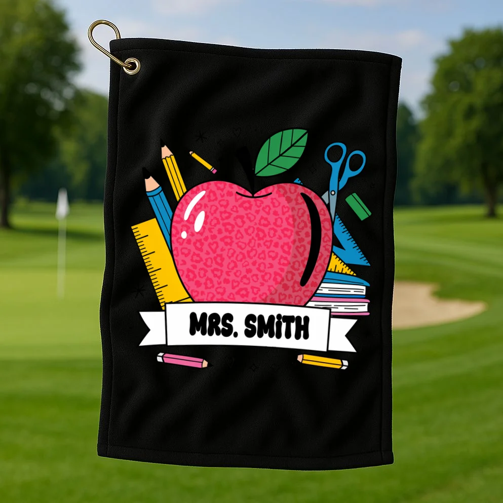 MRS. Your Name Custom Personalized School Teacher Apple Pencil Ruler Golf Towel - Front 1