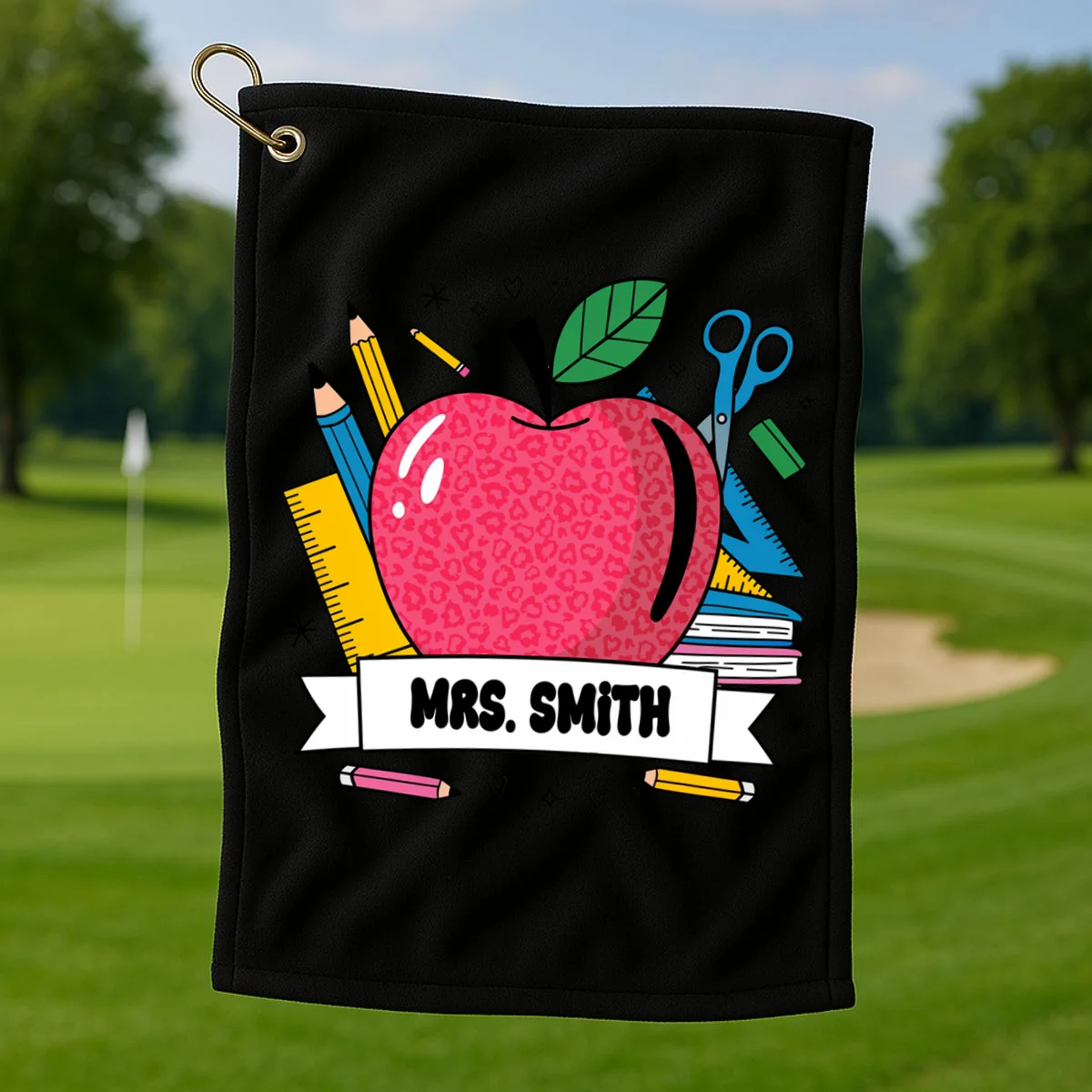 MRS. Your Name Custom Personalized School Teacher Apple Pencil Ruler Golf Towel - Front 1