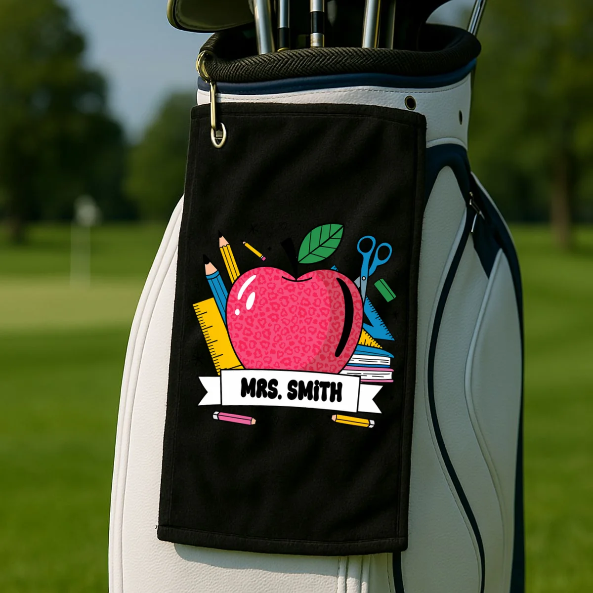 MRS. Your Name Custom Personalized School Teacher Apple Pencil Ruler Golf Towel - Front 2