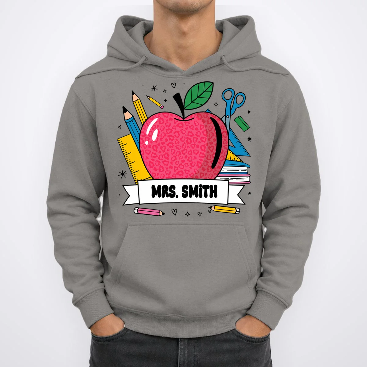 MRS. Your Name Custom Personalized School Teacher Apple Pencil Ruler Hoodie - Front 1