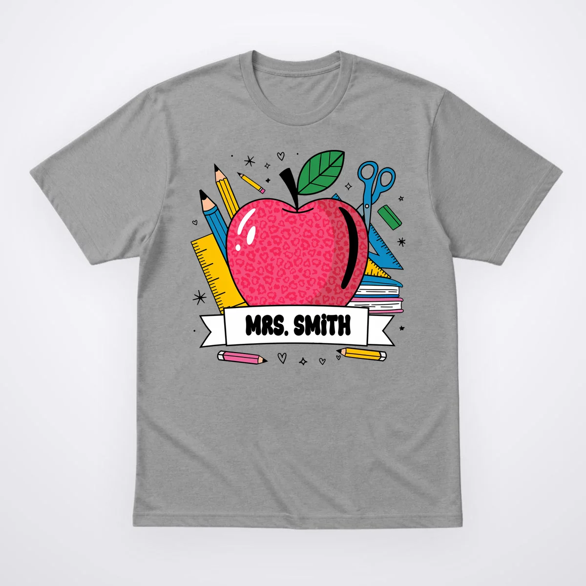 MRS. Your Name Custom Personalized School Teacher Apple Pencil Ruler T-Shirt - Front