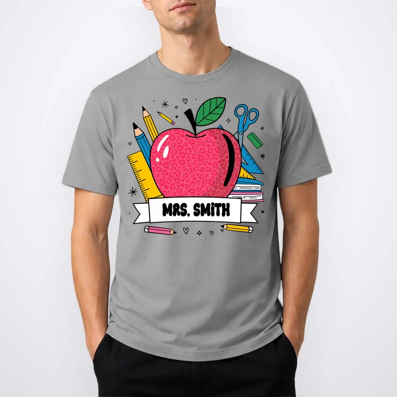 MRS. Your Name Custom Personalized School Teacher Apple Pencil Ruler T-Shirt - Front 1