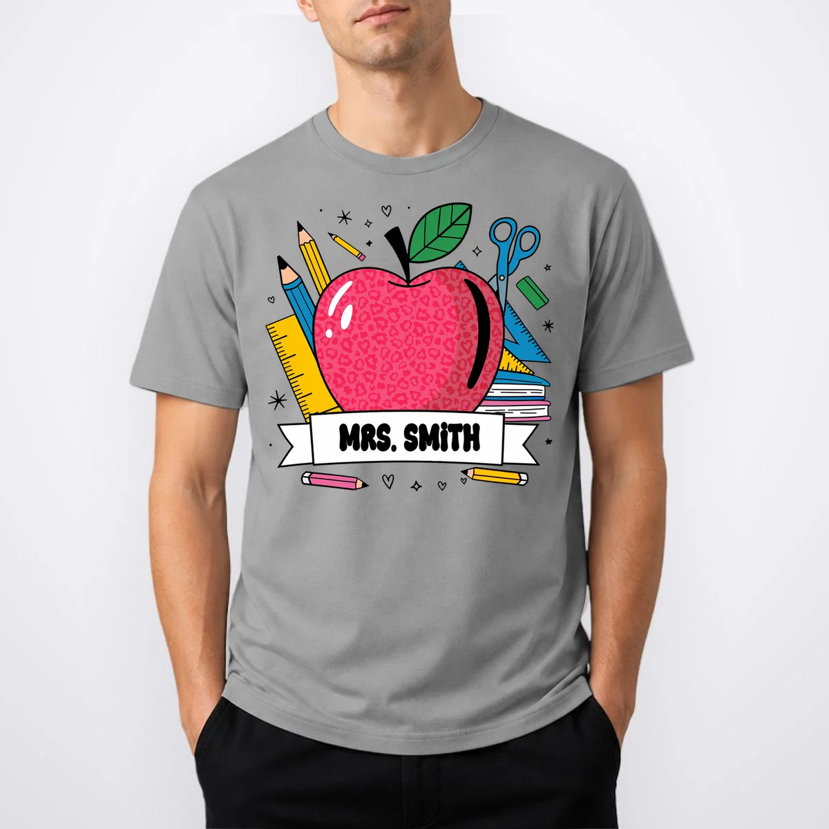 MRS. Your Name Custom Personalized School Teacher Apple Pencil Ruler T-Shirt - Front 1
