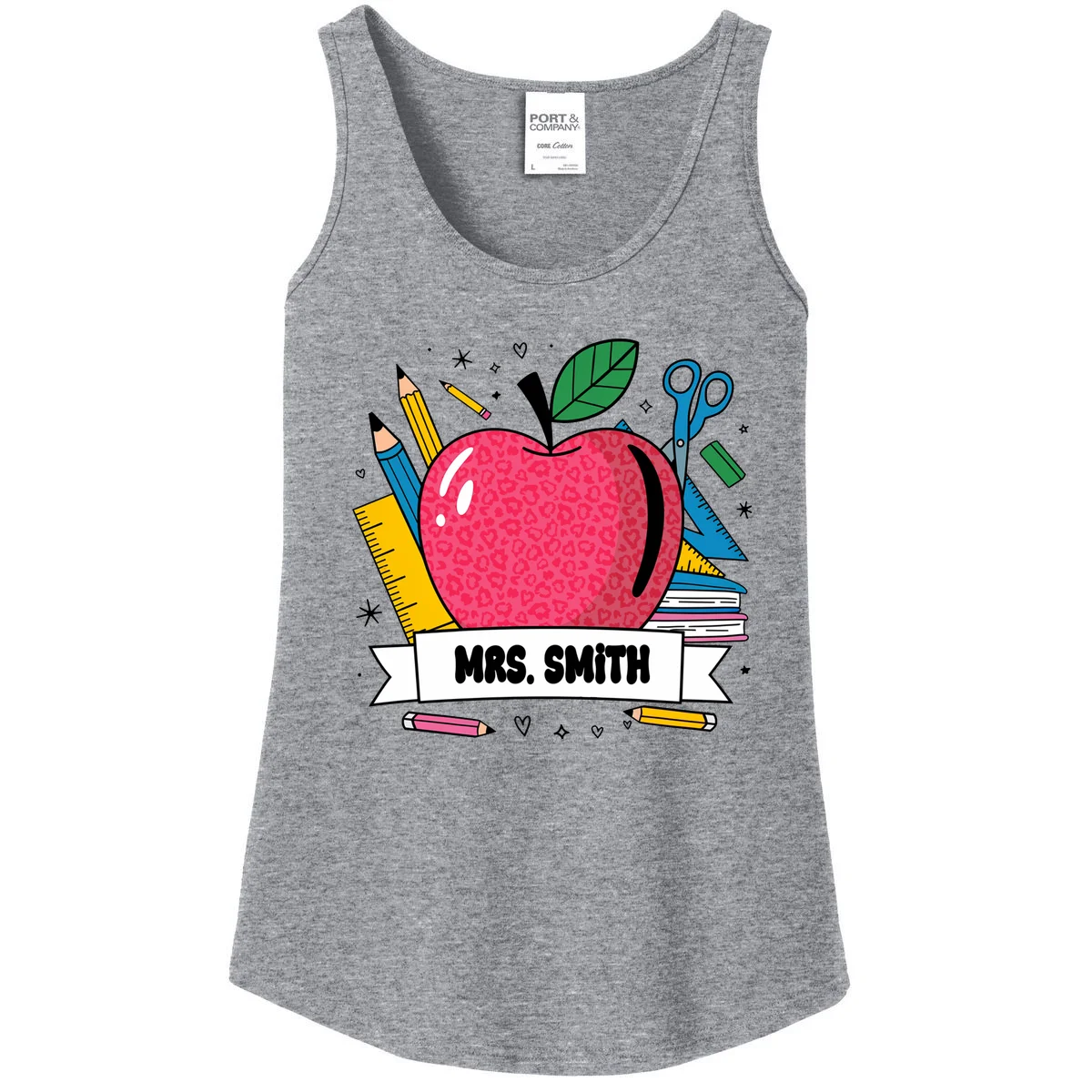 MRS. Your Name Custom Personalized School Teacher Apple Pencil Ruler Women's Tank Top - Front