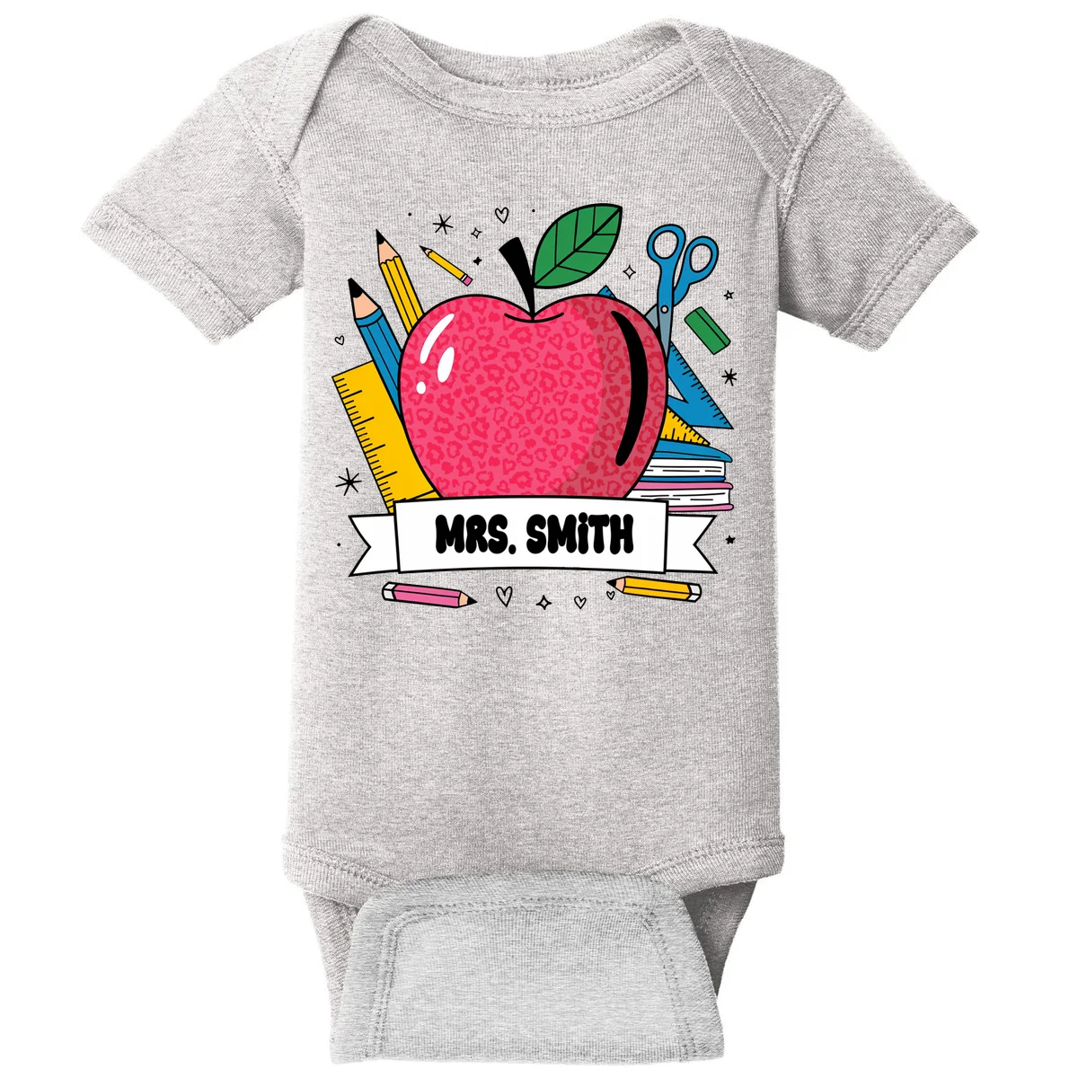 MRS. Your Name Custom Personalized School Teacher Apple Pencil Ruler Baby Bodysuit - Front