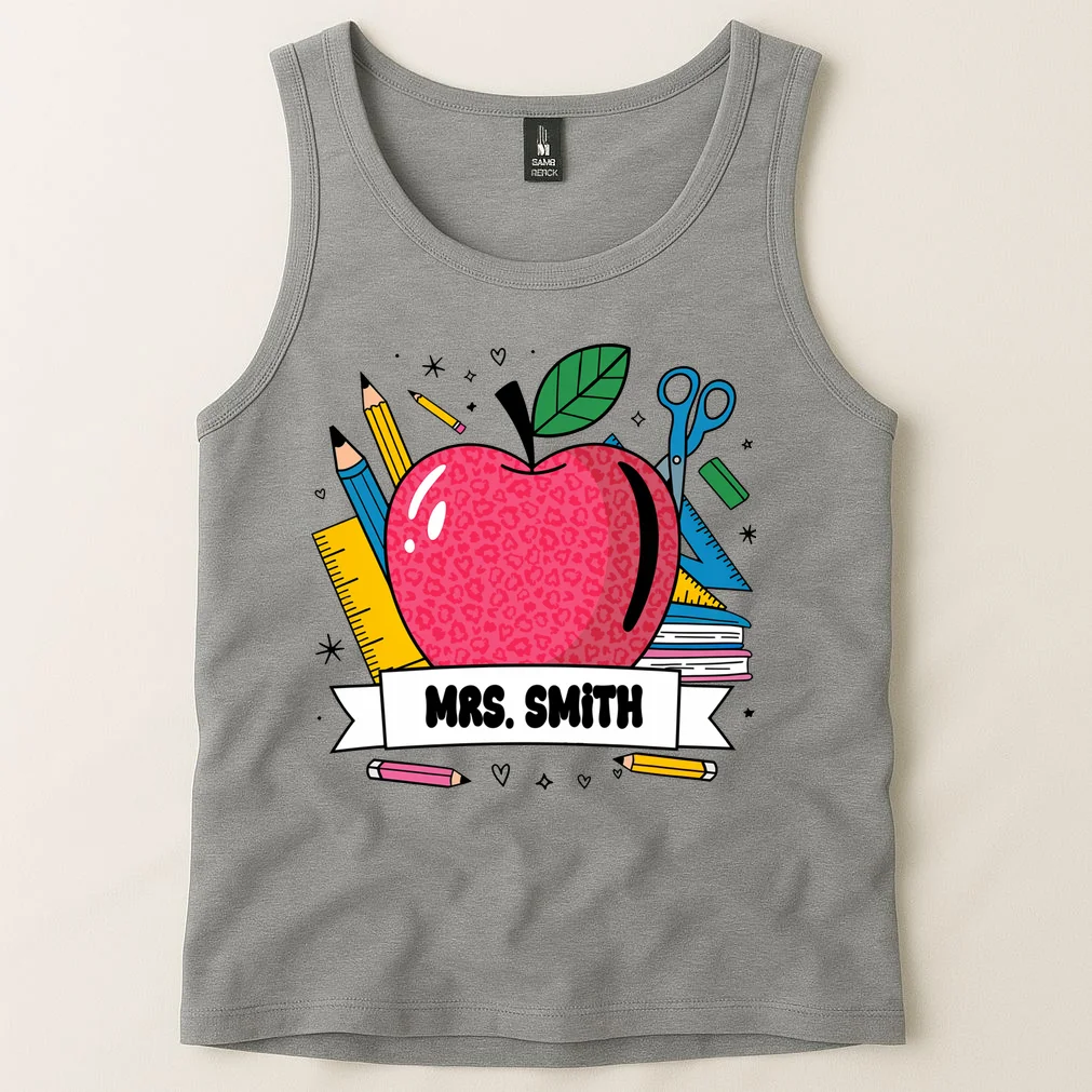 MRS. Your Name Custom Personalized School Teacher Apple Pencil Ruler Tank Top - Front 1