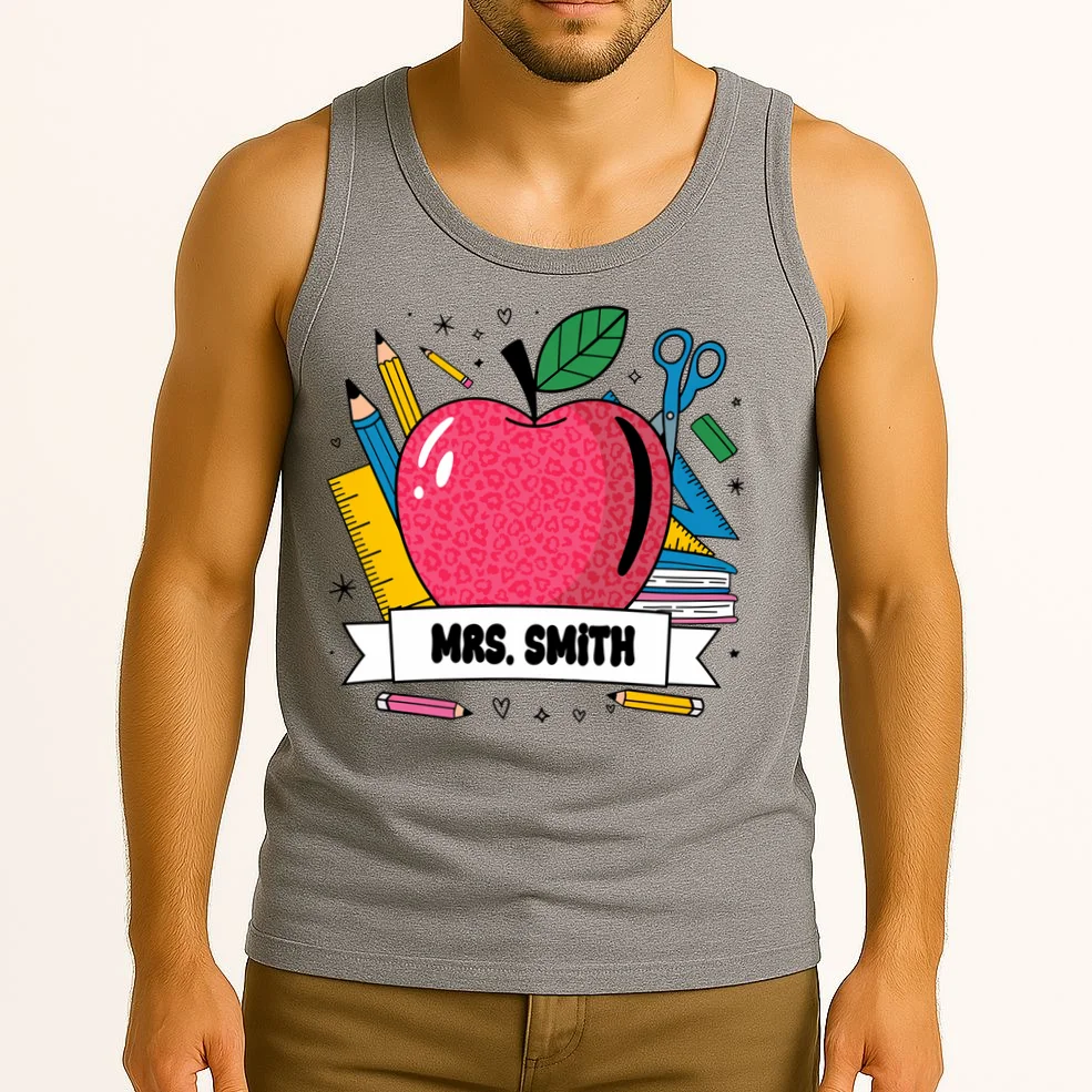 MRS. Your Name Custom Personalized School Teacher Apple Pencil Ruler Tank Top - Front 2