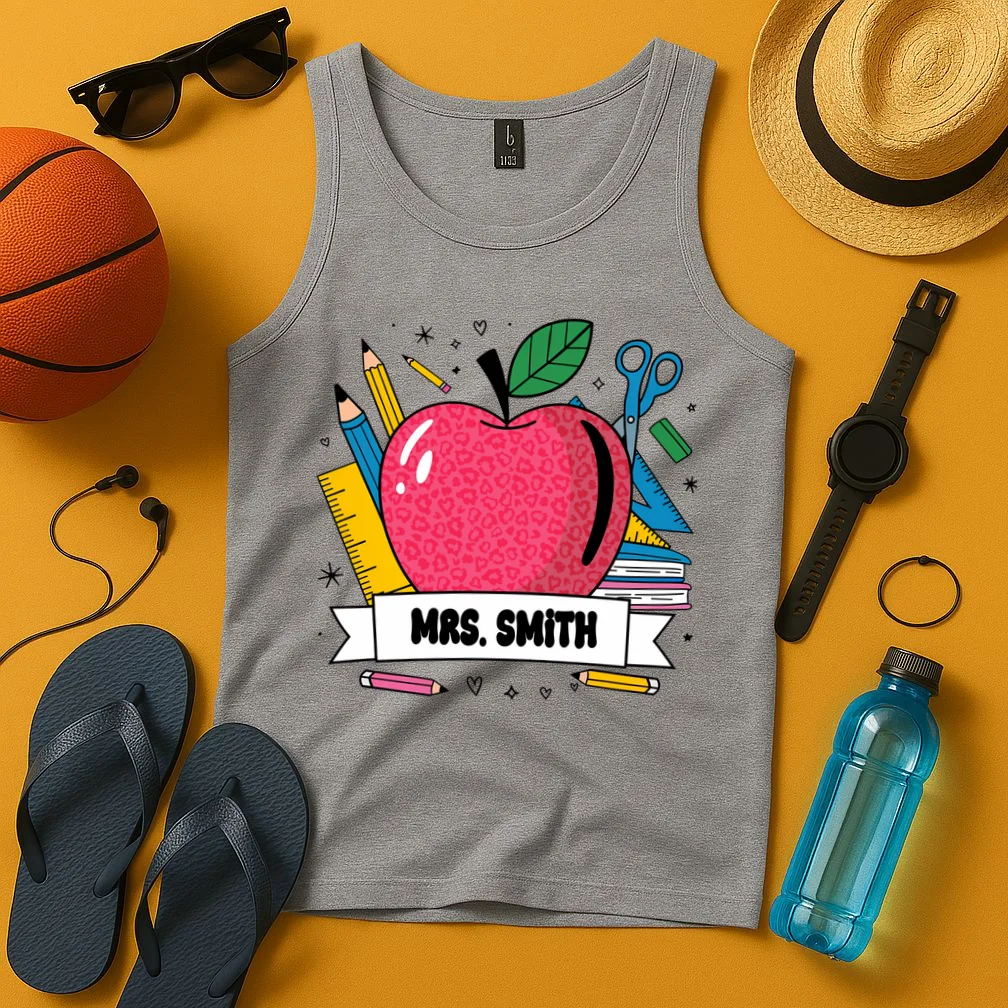 MRS. Your Name Custom Personalized School Teacher Apple Pencil Ruler Tank Top - Front 3