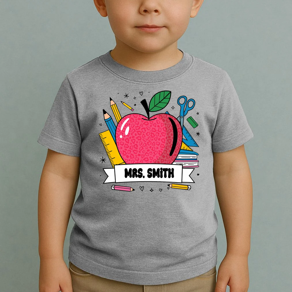 MRS. Your Name Custom Personalized School Teacher Apple Pencil Ruler Toddler T-Shirt - Front 1