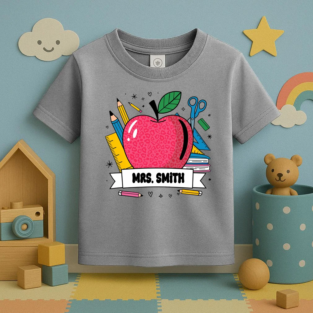 MRS. Your Name Custom Personalized School Teacher Apple Pencil Ruler Toddler T-Shirt - Front 2