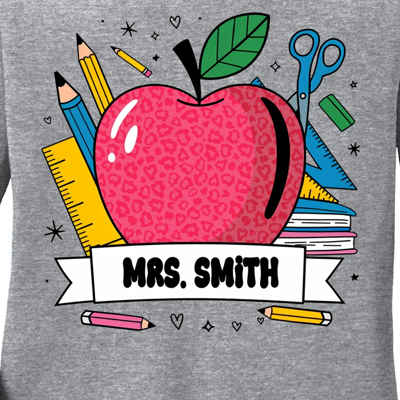MRS. Your Name Custom Personalized School Teacher Apple Pencil Ruler Women's Long Sleeve Shirt - Front - Close-up