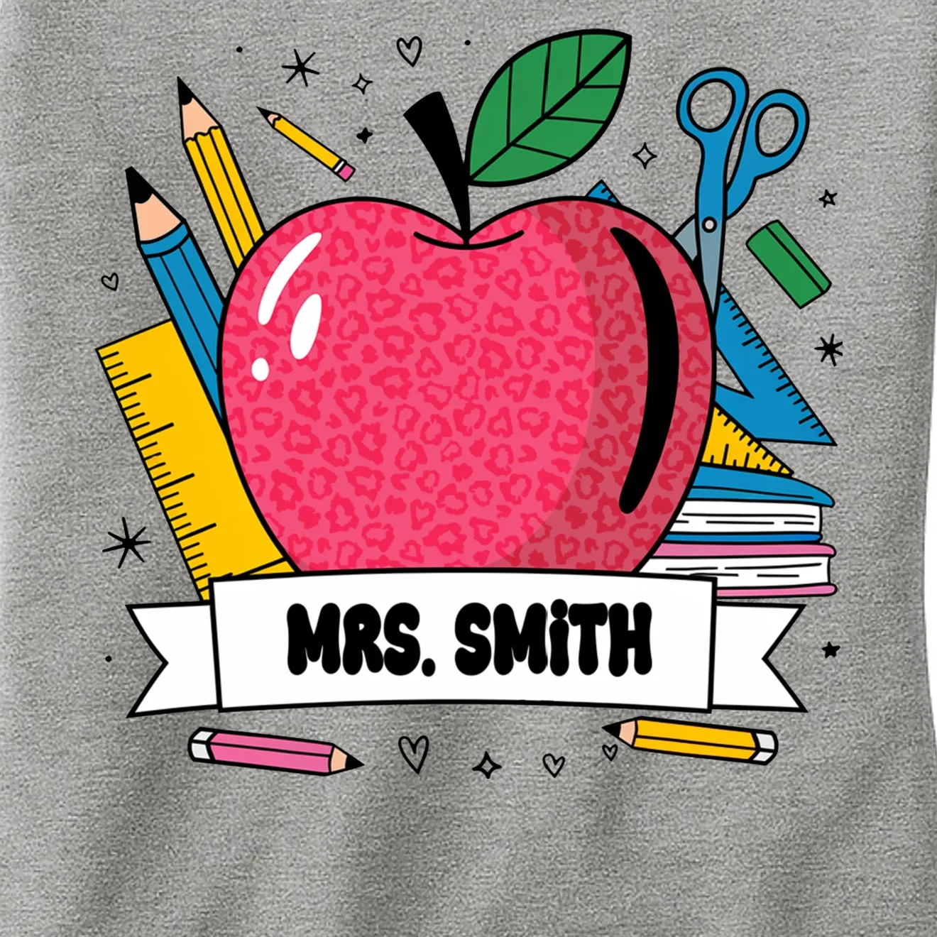 MRS. Your Name Custom Personalized School Teacher Apple Pencil Ruler Women's T-Shirt - Front - Close-up