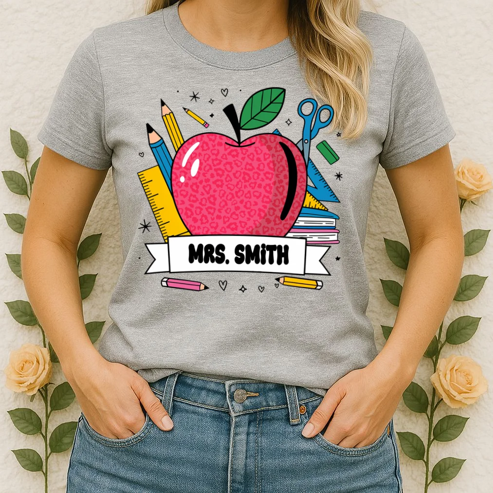 MRS. Your Name Custom Personalized School Teacher Apple Pencil Ruler Women's T-Shirt - Front 1