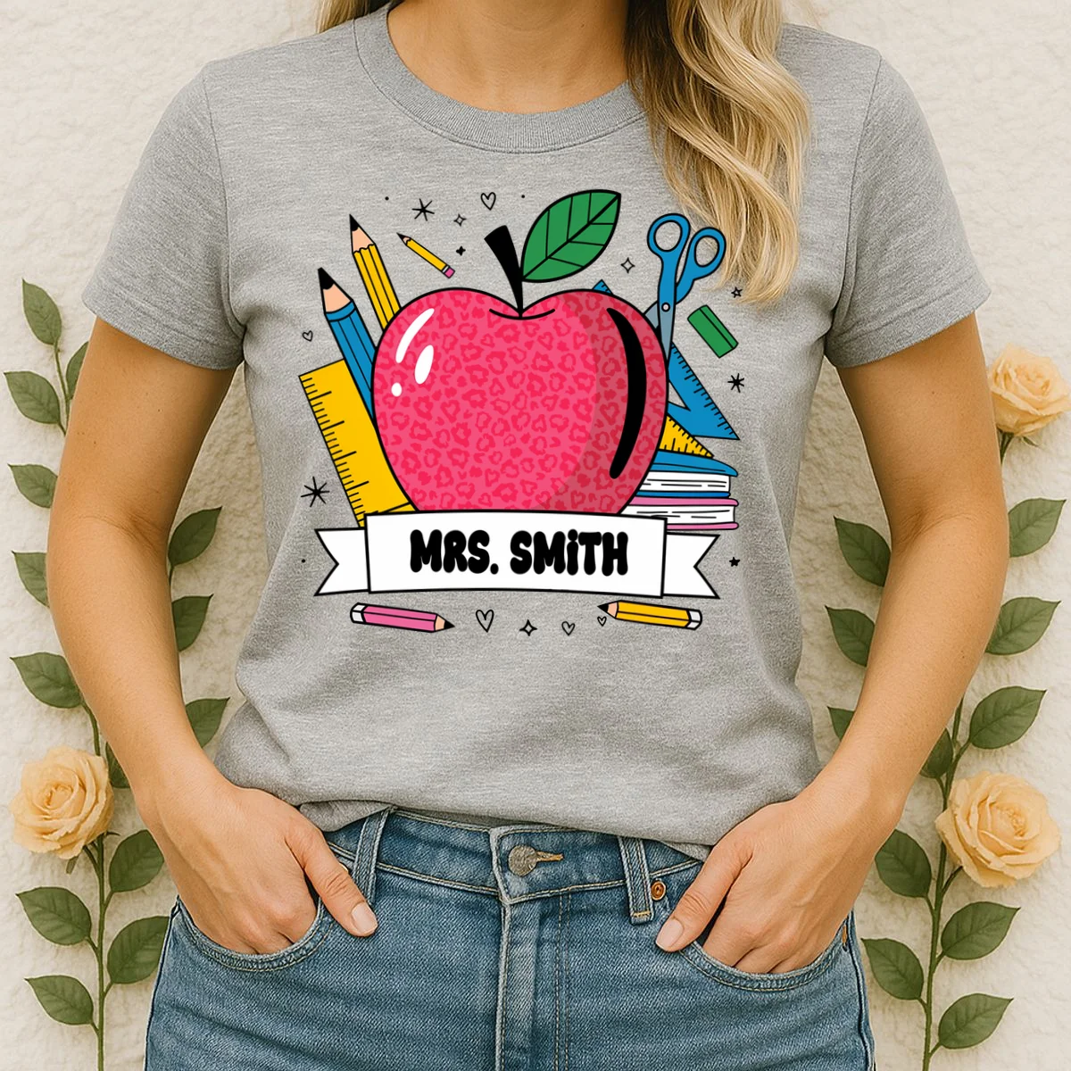 MRS. Your Name Custom Personalized School Teacher Apple Pencil Ruler Women's T-Shirt - Front 1