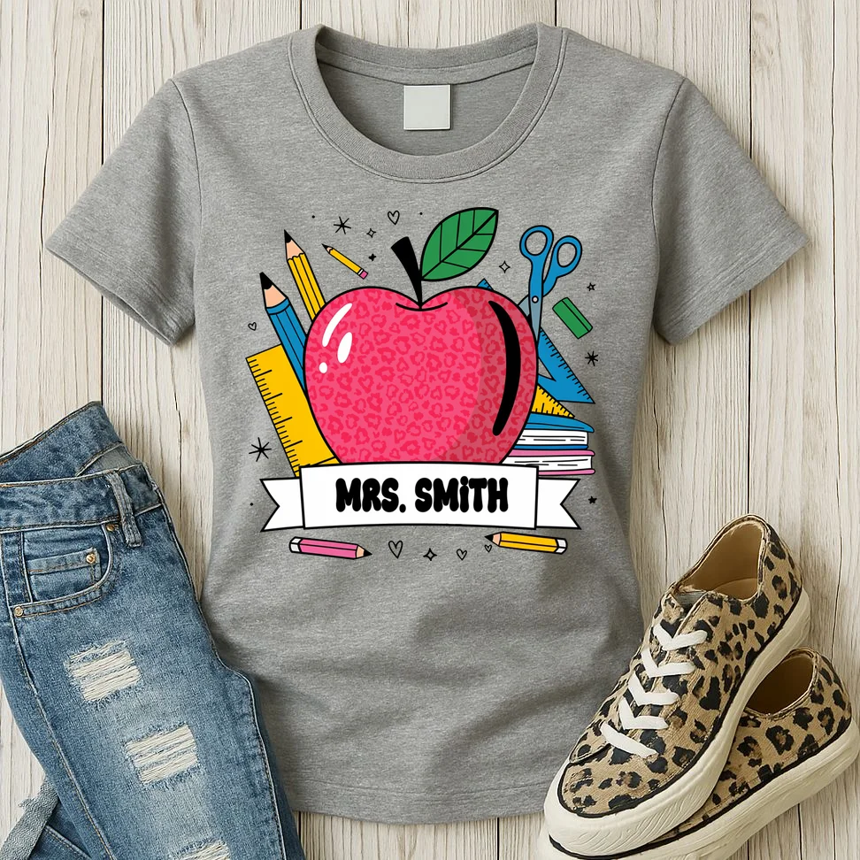 MRS. Your Name Custom Personalized School Teacher Apple Pencil Ruler Women's T-Shirt - Front 2