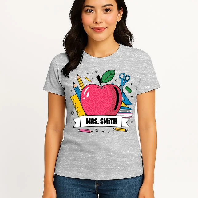 MRS. Your Name Custom Personalized School Teacher Apple Pencil Ruler Women's T-Shirt - Front 3