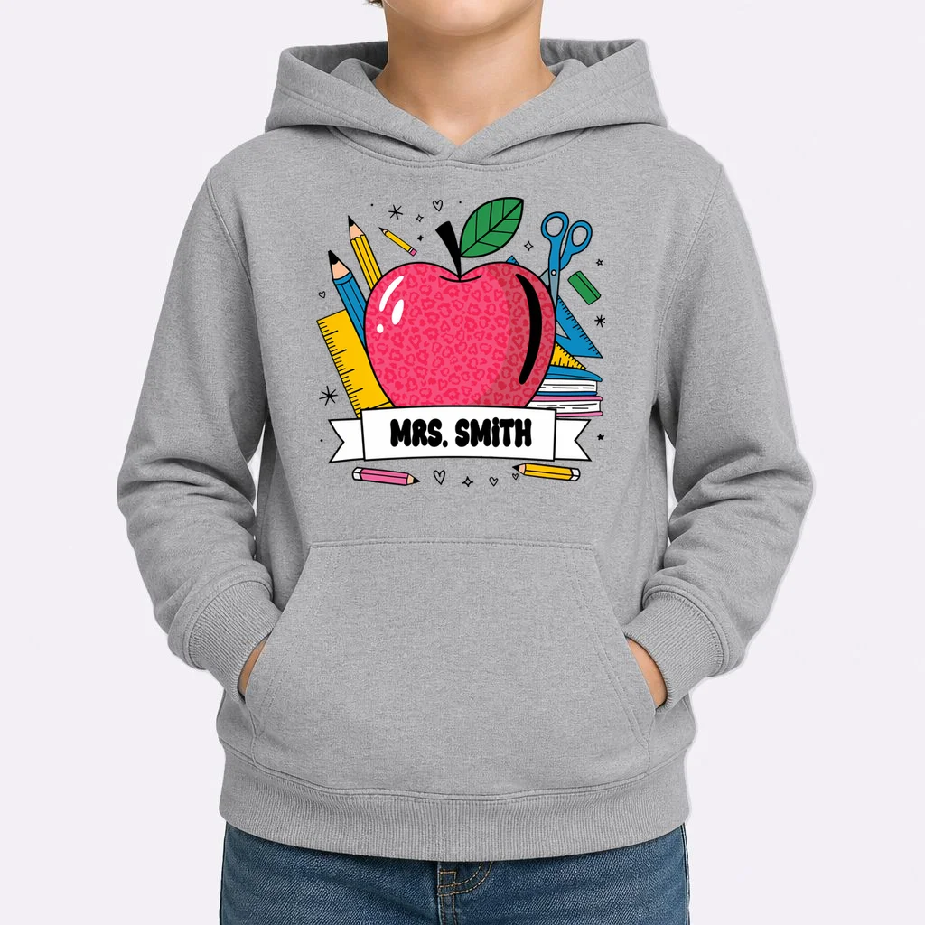 MRS. Your Name Custom Personalized School Teacher Apple Pencil Ruler Kids Hoodie - Front 1