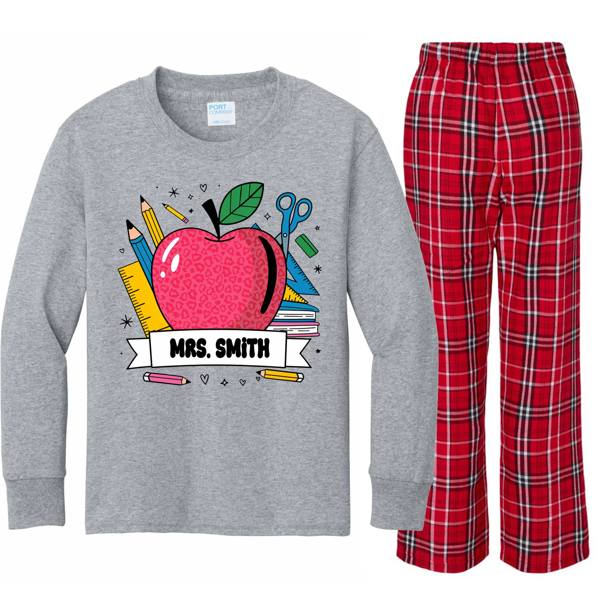 MRS. Your Name Custom Personalized School Teacher Apple Pencil Ruler Kids Long Sleeve Pajamas - Front