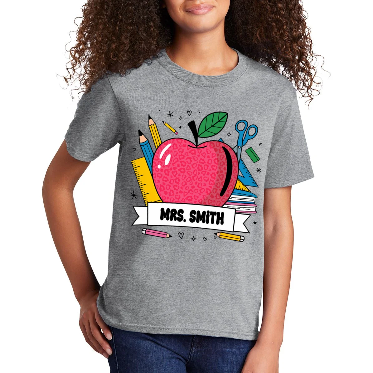 MRS. Your Name Custom Personalized School Teacher Apple Pencil Ruler Kids T-Shirt - Front 1