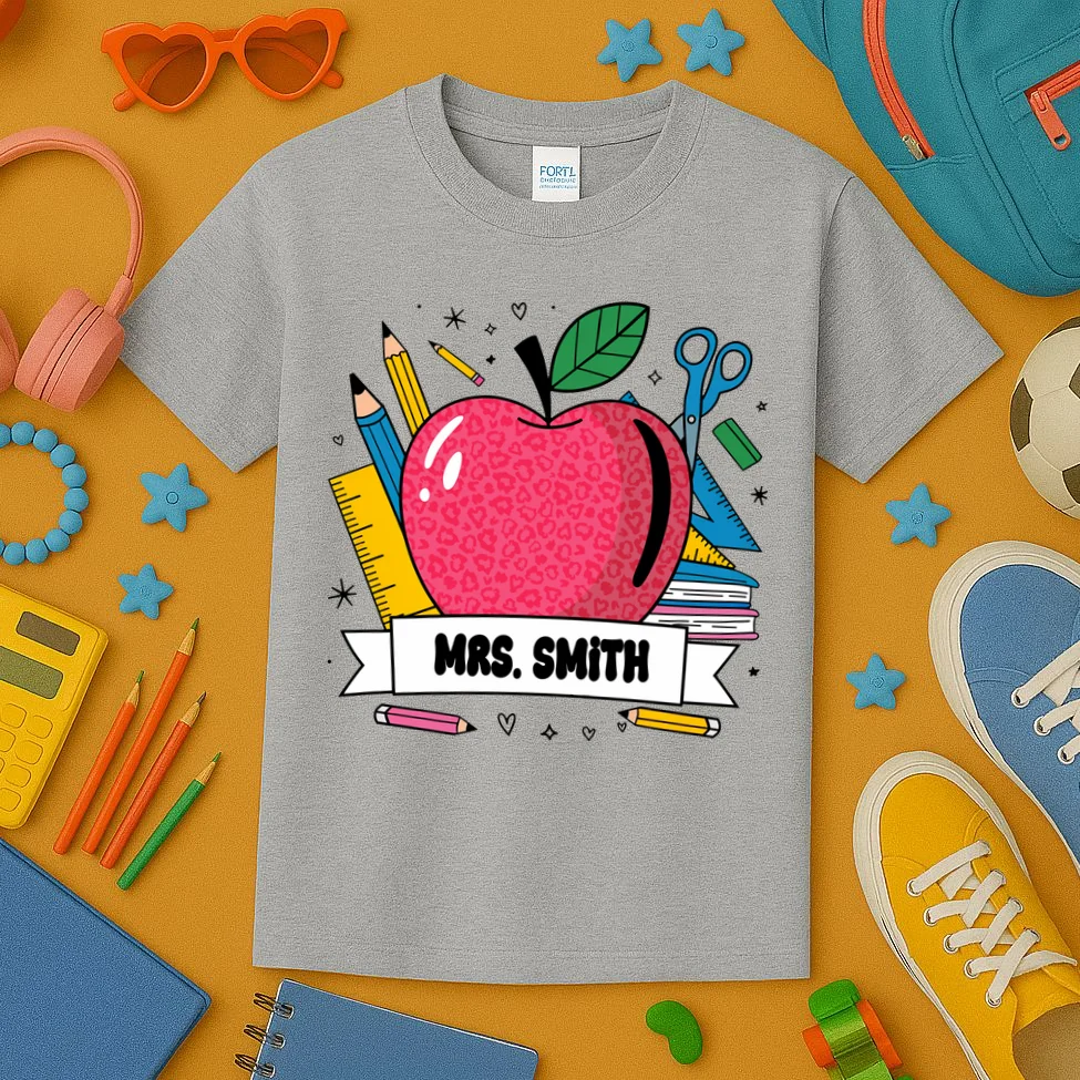 MRS. Your Name Custom Personalized School Teacher Apple Pencil Ruler Kids T-Shirt - Front 2