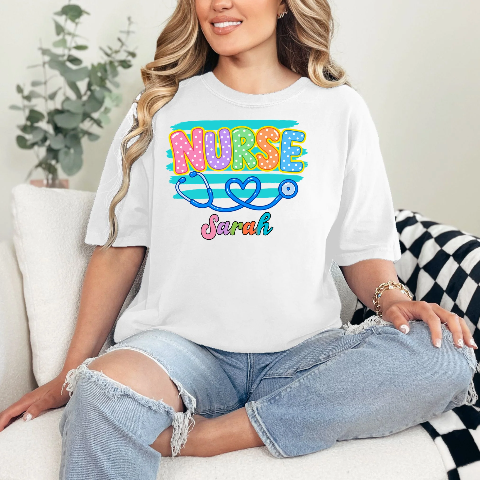 Nurse – Personalized Stethoscope Heart Design Comfort Colors Unisex T-Shirt - Front 1