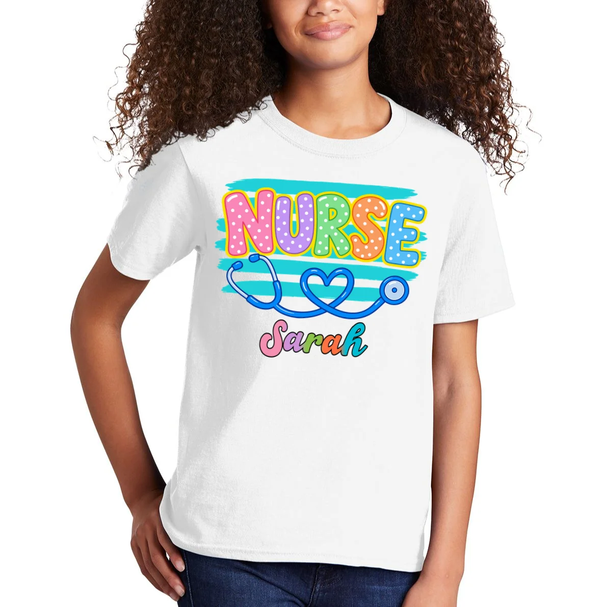 Nurse – Personalized Stethoscope Heart Design Kids T-Shirt - Front 1