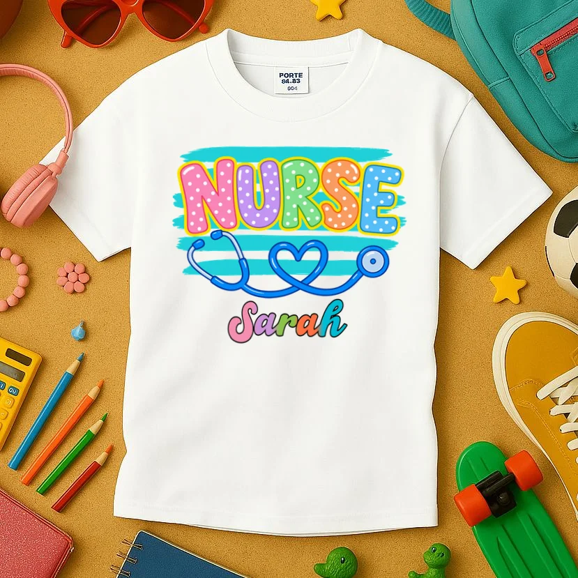 Nurse – Personalized Stethoscope Heart Design Kids T-Shirt - Front 2