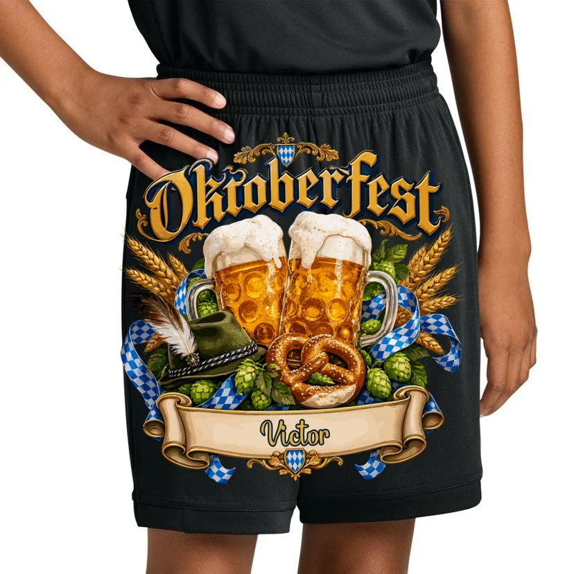 Oktoberfest Beer Mugs & Pretzel – Bavarian German Beer Festival Kids Shorts - Front 1