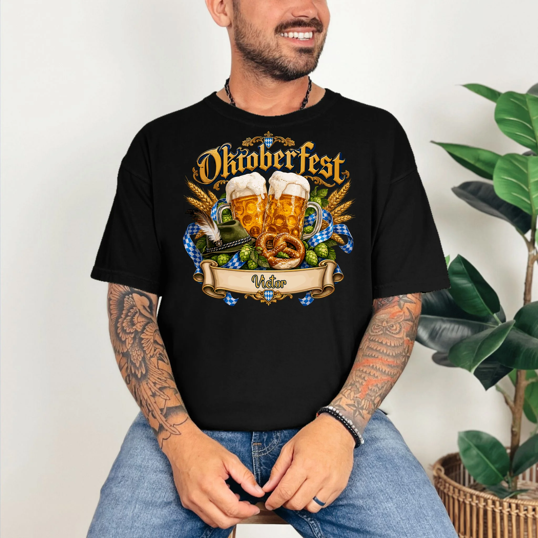 Oktoberfest Beer Mugs & Pretzel – Bavarian German Beer Festival Comfort Colors Unisex T-Shirt - Front 2