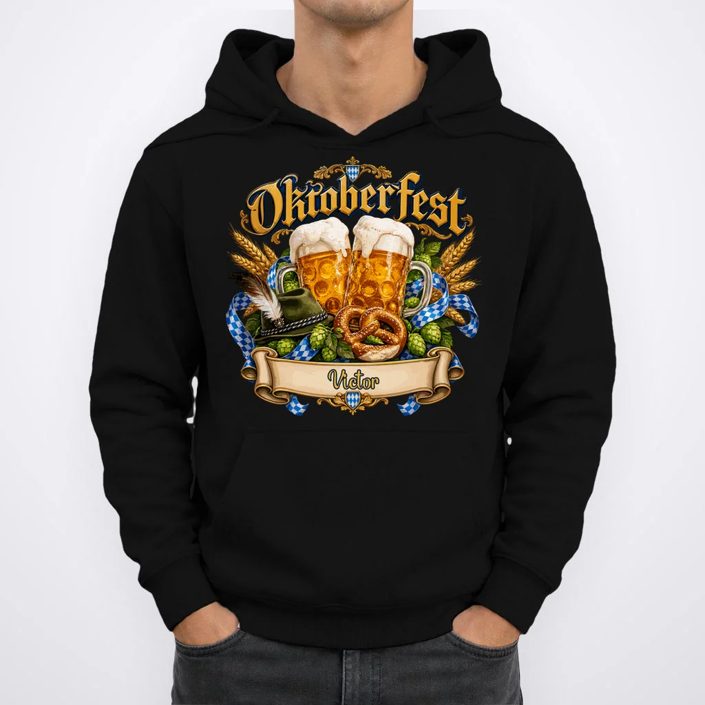 Oktoberfest Beer Mugs & Pretzel – Bavarian German Beer Festival Men's Hoodie - Front 1