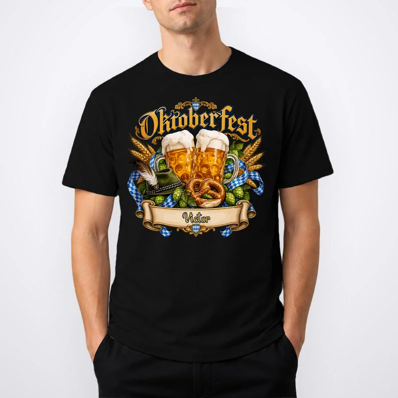 Oktoberfest Beer Mugs & Pretzel – Bavarian German Beer Festival Men's T-Shirt - Front 1