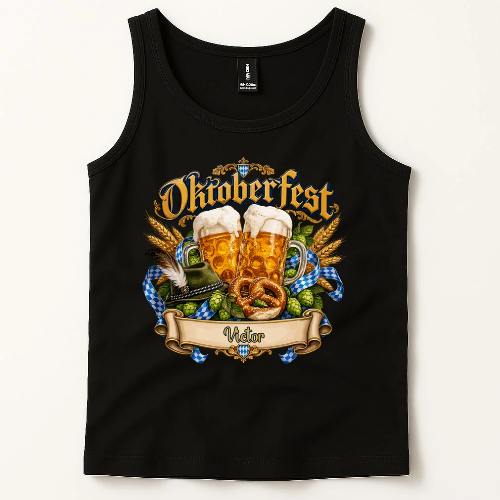 Oktoberfest Beer Mugs & Pretzel – Bavarian German Beer Festival Men's Tank Top - Front 1