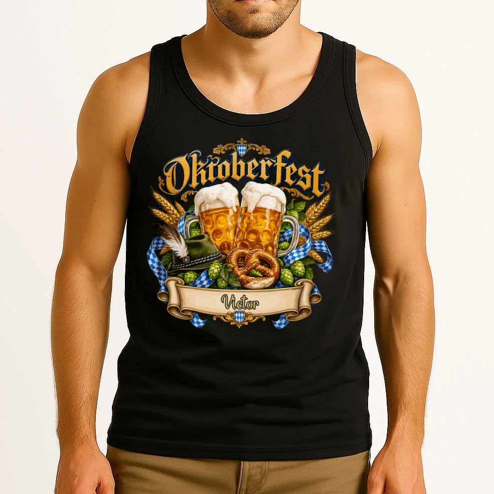 Oktoberfest Beer Mugs & Pretzel – Bavarian German Beer Festival Men's Tank Top - Front 2