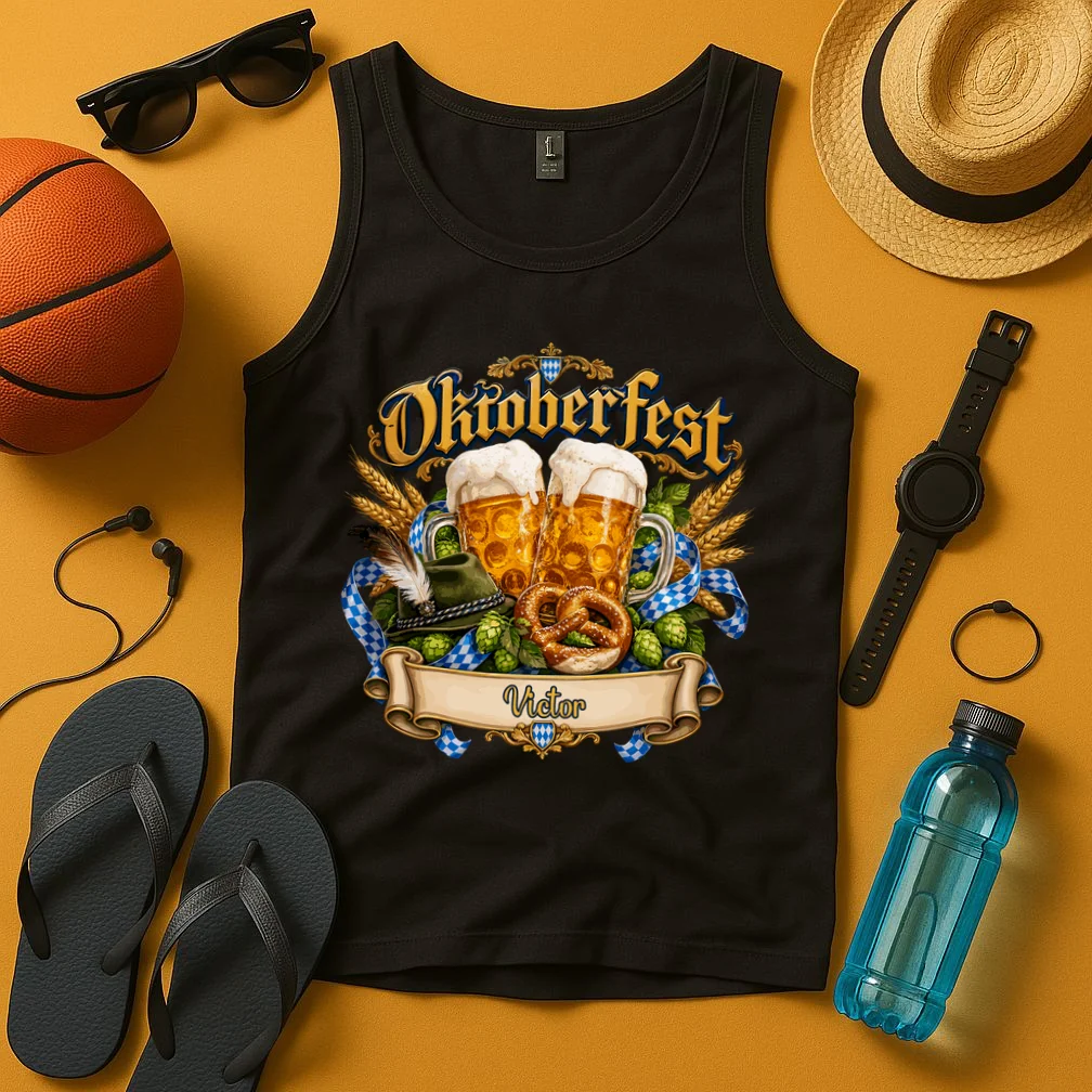 Oktoberfest Beer Mugs & Pretzel – Bavarian German Beer Festival Men's Tank Top - Front 3