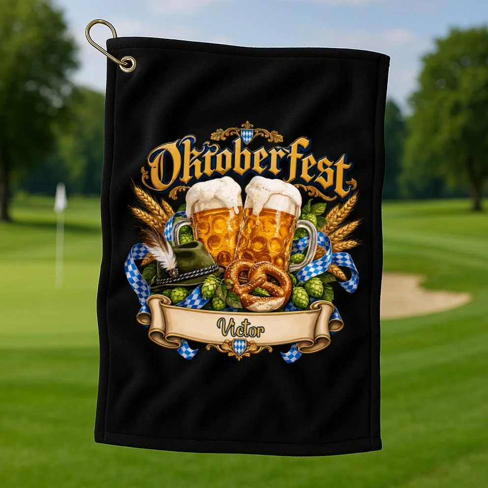 Oktoberfest Beer Mugs & Pretzel – Bavarian German Beer Festival Golf Towel - Front 1