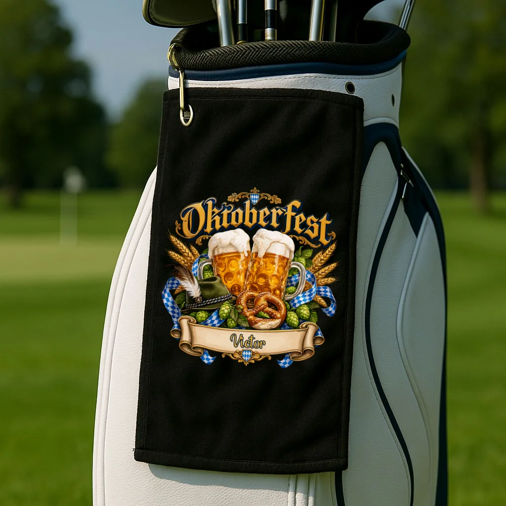 Oktoberfest Beer Mugs & Pretzel – Bavarian German Beer Festival Golf Towel - Front 2