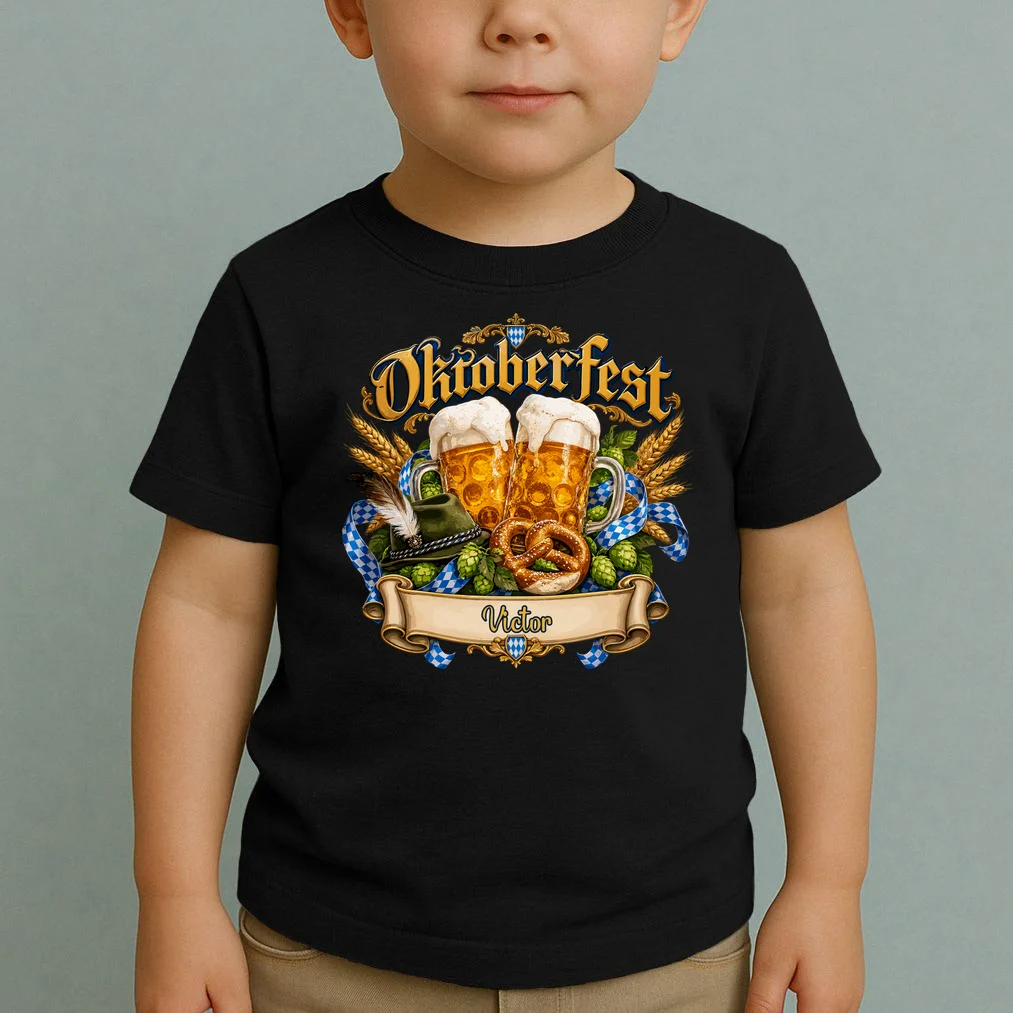 Oktoberfest Beer Mugs & Pretzel – Bavarian German Beer Festival Toddler T-Shirt - Front 1