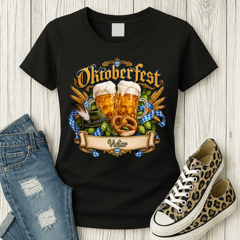 Oktoberfest Beer Mugs & Pretzel – Bavarian German Beer Festival Women's T-Shirt - Front 2