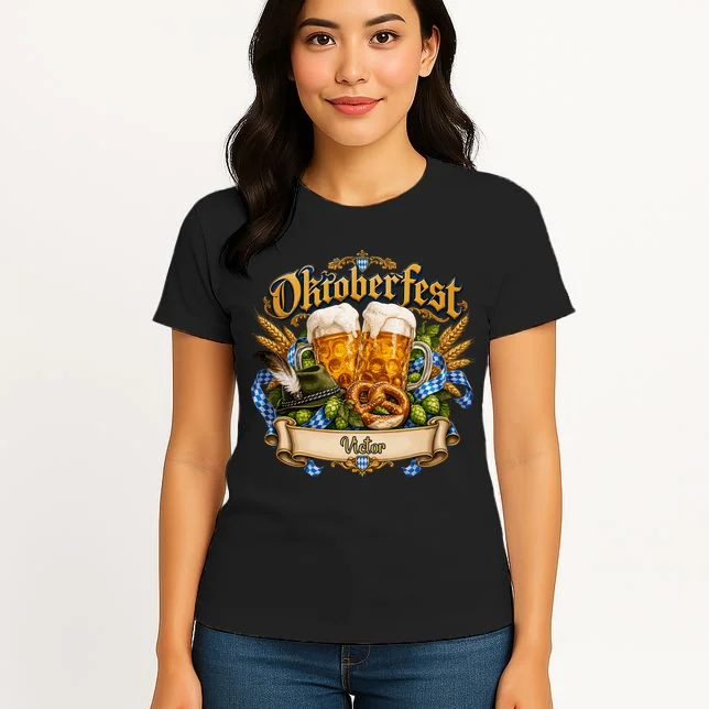 Oktoberfest Beer Mugs & Pretzel – Bavarian German Beer Festival Women's T-Shirt - Front 3