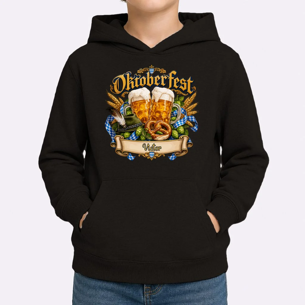 Oktoberfest Beer Mugs & Pretzel – Bavarian German Beer Festival Kids Hoodie - Front 1