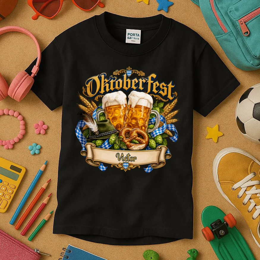 Oktoberfest Beer Mugs & Pretzel – Bavarian German Beer Festival Kids T-Shirt - Front 2