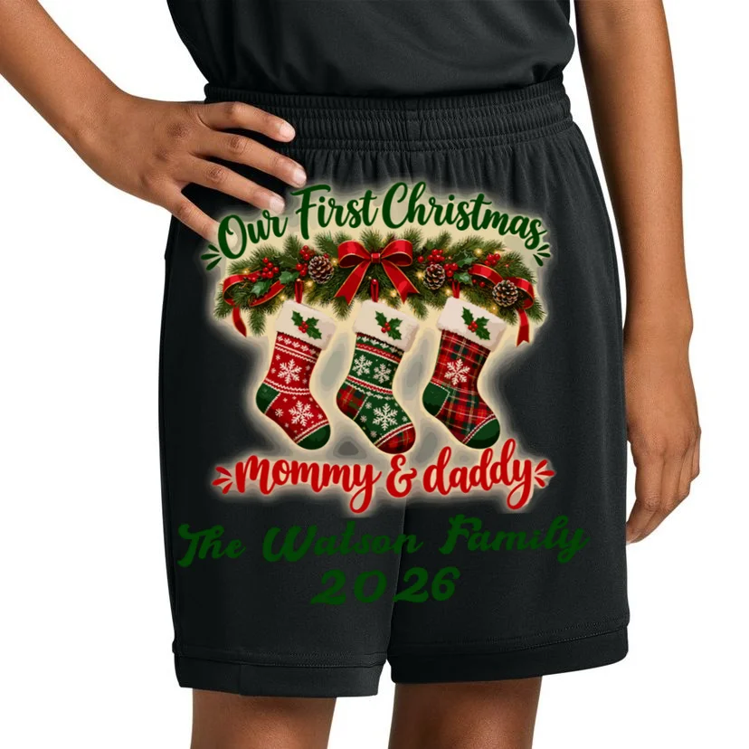 Personalized Our First Christmas as Mommy & Daddy Custom Name Kids Shorts - Front 1